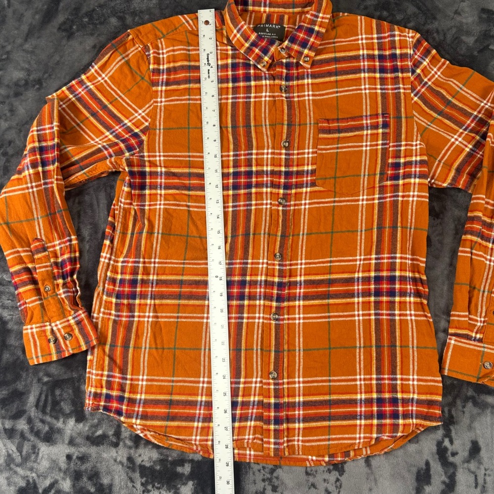 Primark Plaid Button Down Shirt Mens Large Orange Flannel Long Sleeve - Picture 2 of 7
